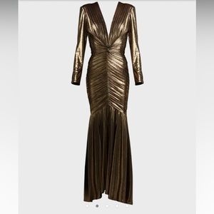Tadashi Shoji Gold Ruched Deep V-neck metallic jersey Gown - mother of the bride
